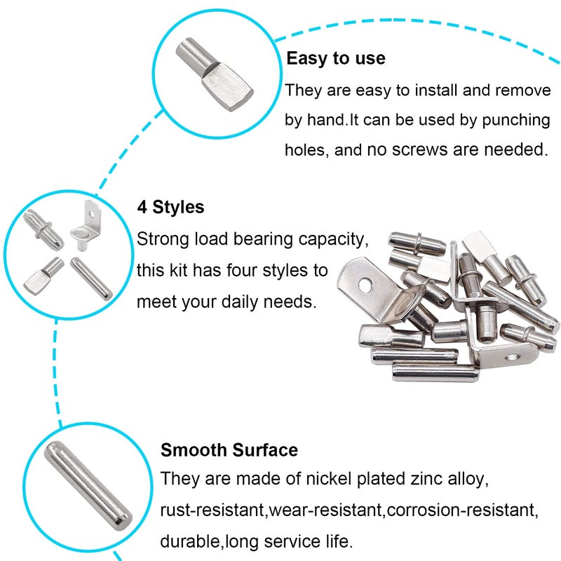 Hmknana 100PCS 4 Styles Shelf Pins Kit - Nickel Plated Shelf Bracket Pegs & Shelf Support Pins,Dowel Pin and Shelf Holders for Shelves Cabinet Furniture Closet etc - Image 3